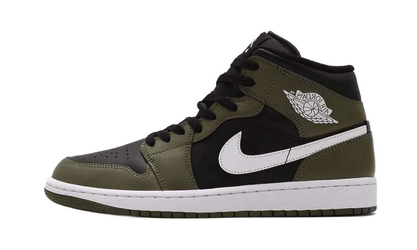 air-jordan-1-mid-black-white-olive-594344 Air Jordan 1 Mid Black White Olive authentique